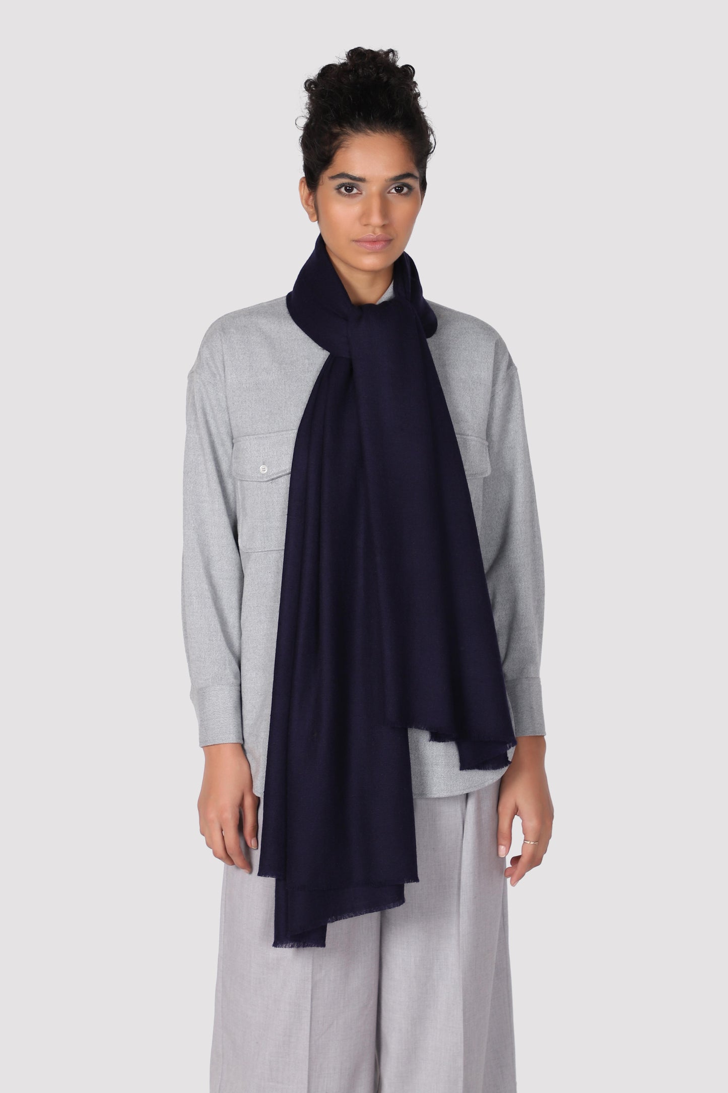 Classic Solid Cashmere Twill Scarf - Navy Blue