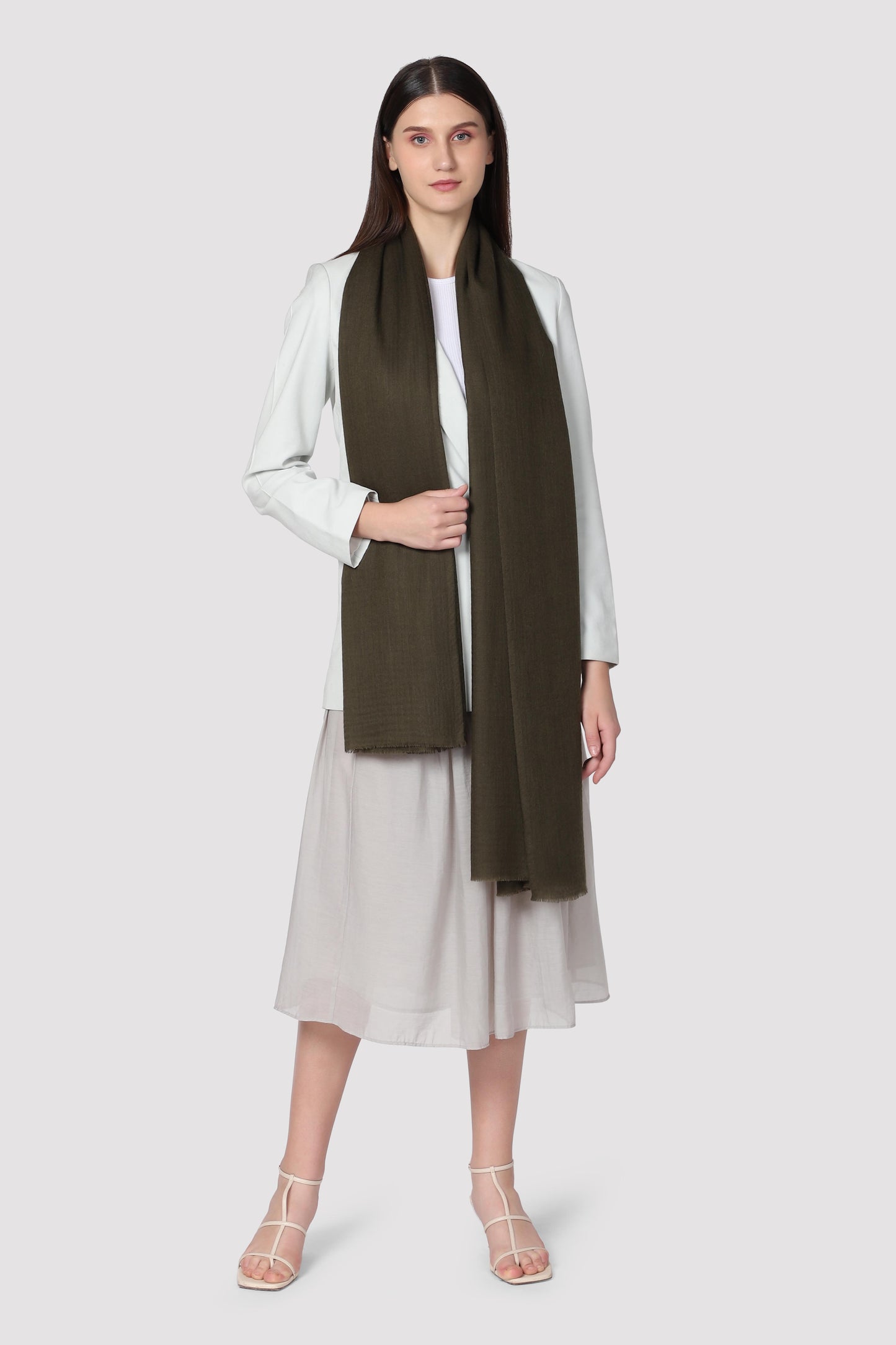 Classic Solid Cashmere Twill Scarf - Olive Green