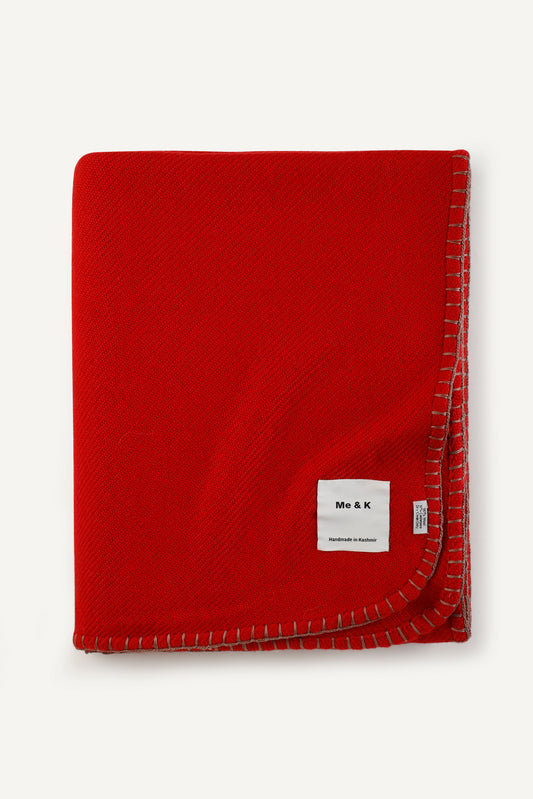 Handcrafted Warmth: Wool & Cashmere Solid Crochet Blanket - Coral Red