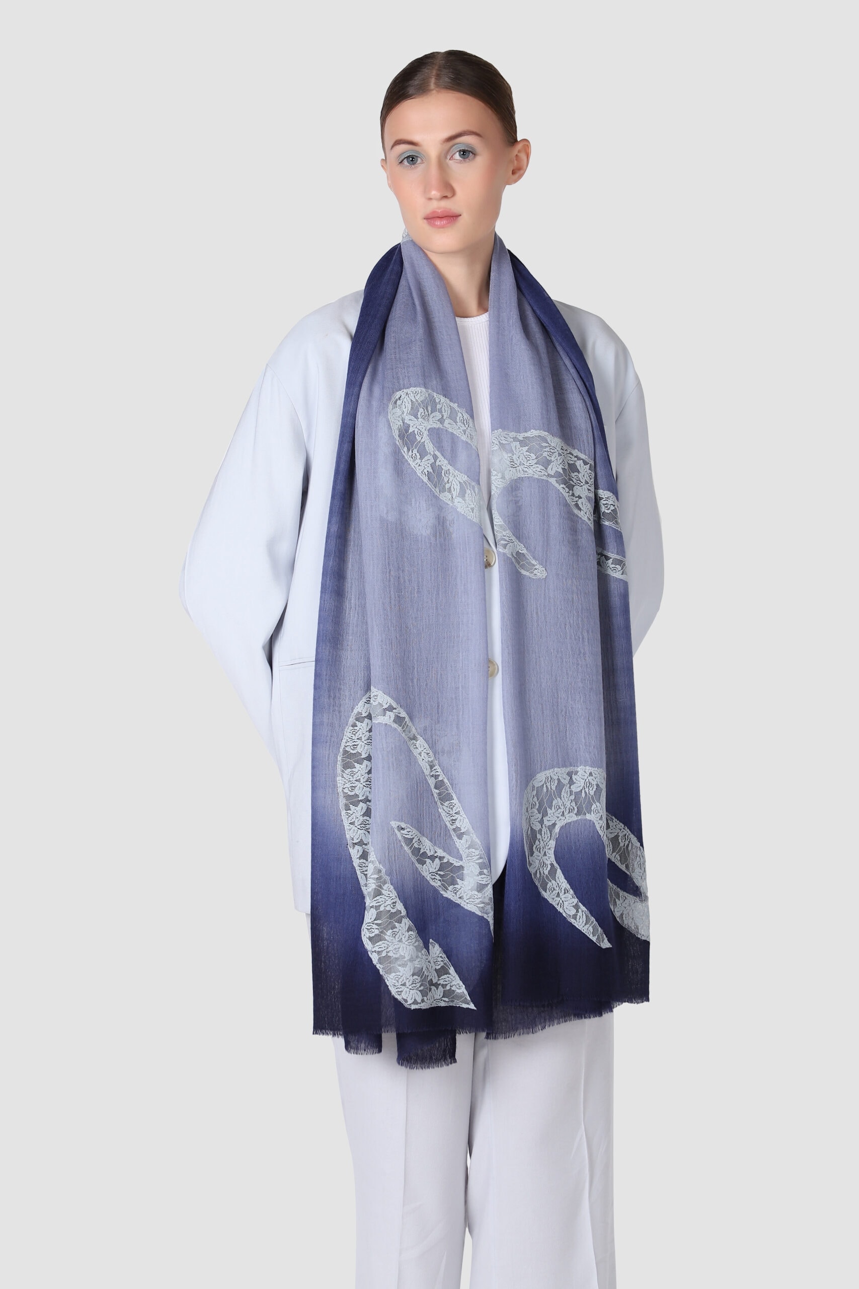 Full shot of woman draped in belle ombre scarf - MeandK