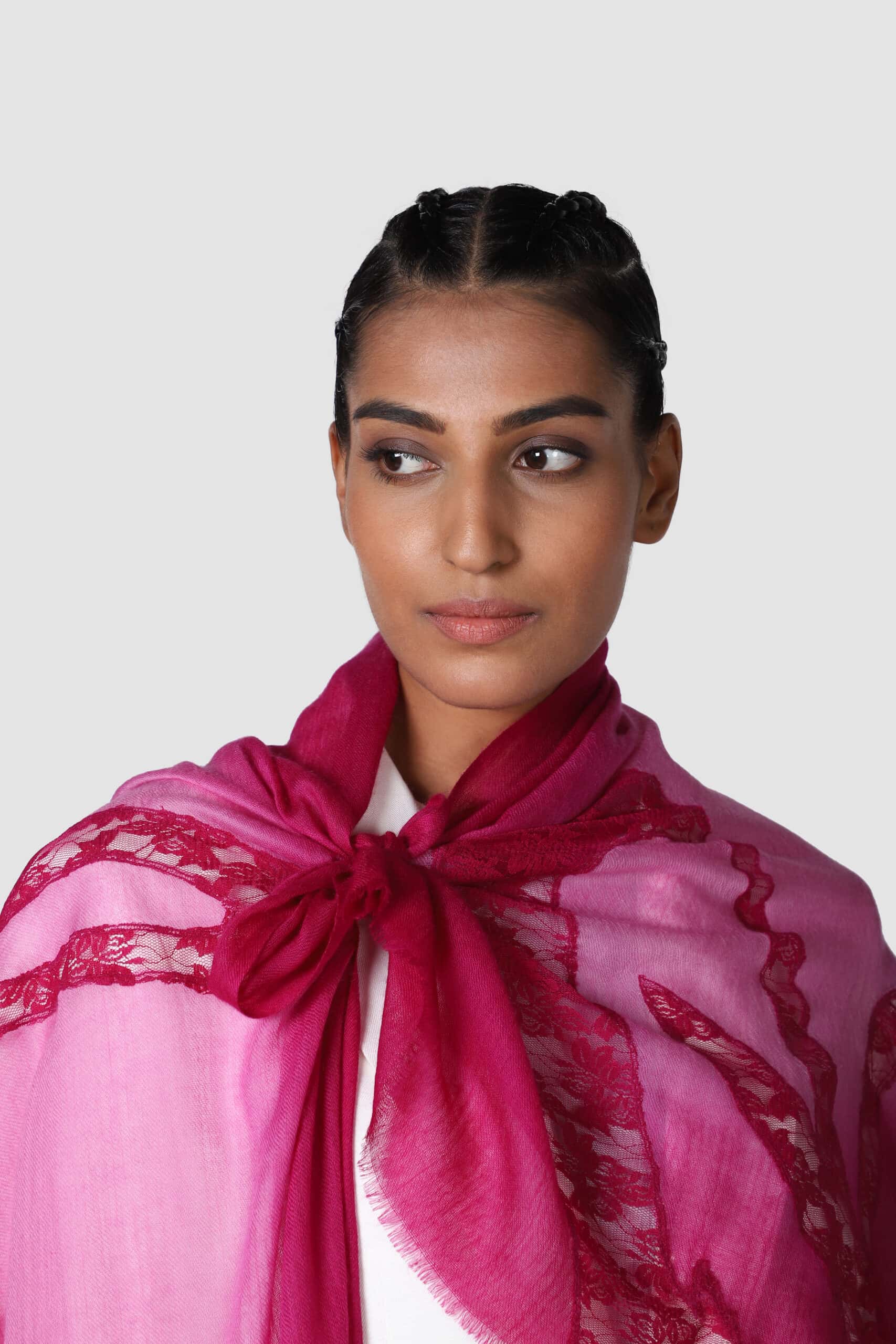 A woman draped in pink belle ombre scarf - Me&K
