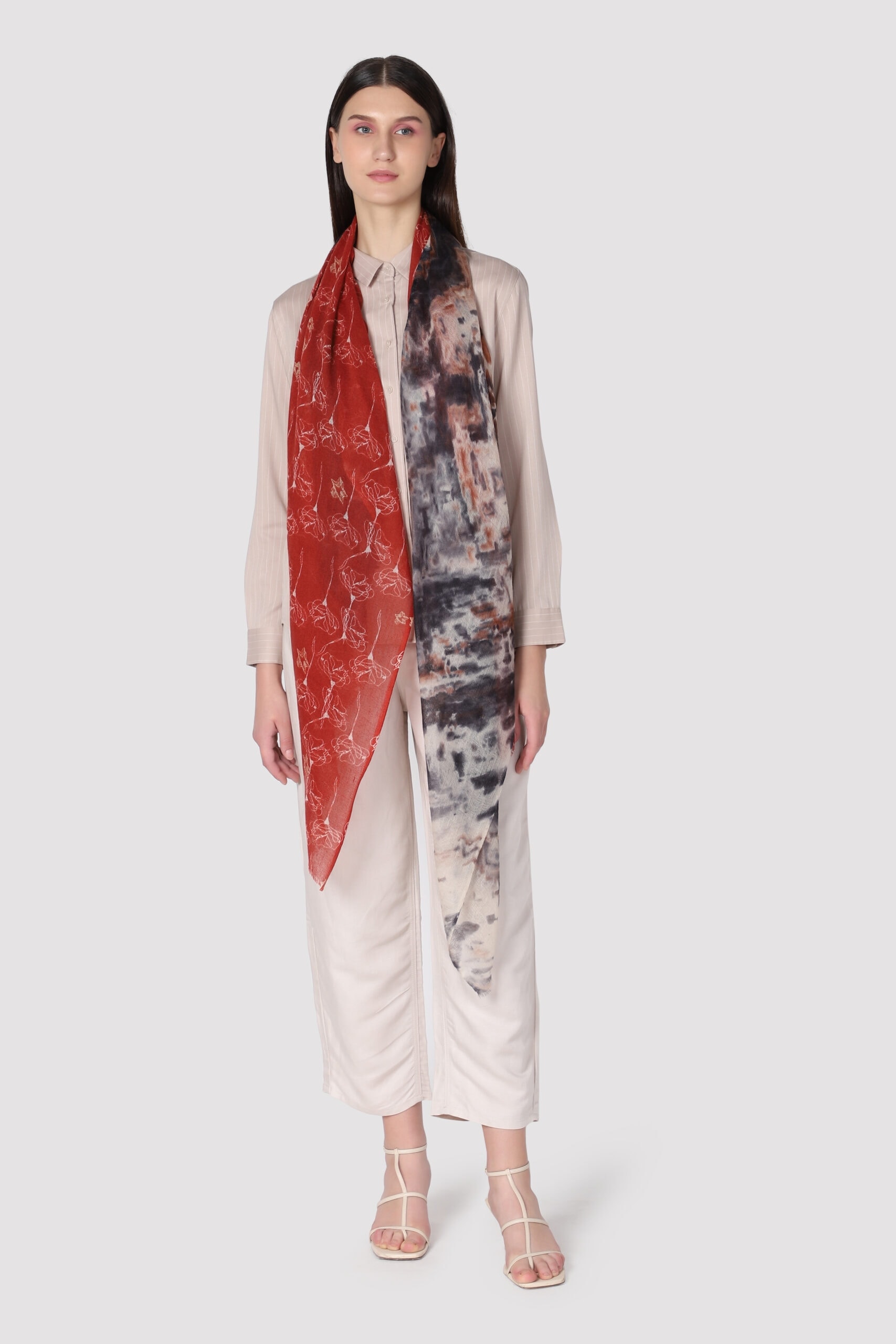 Full shot of a woman draped in print paneling cashmere scarf - Me & K
