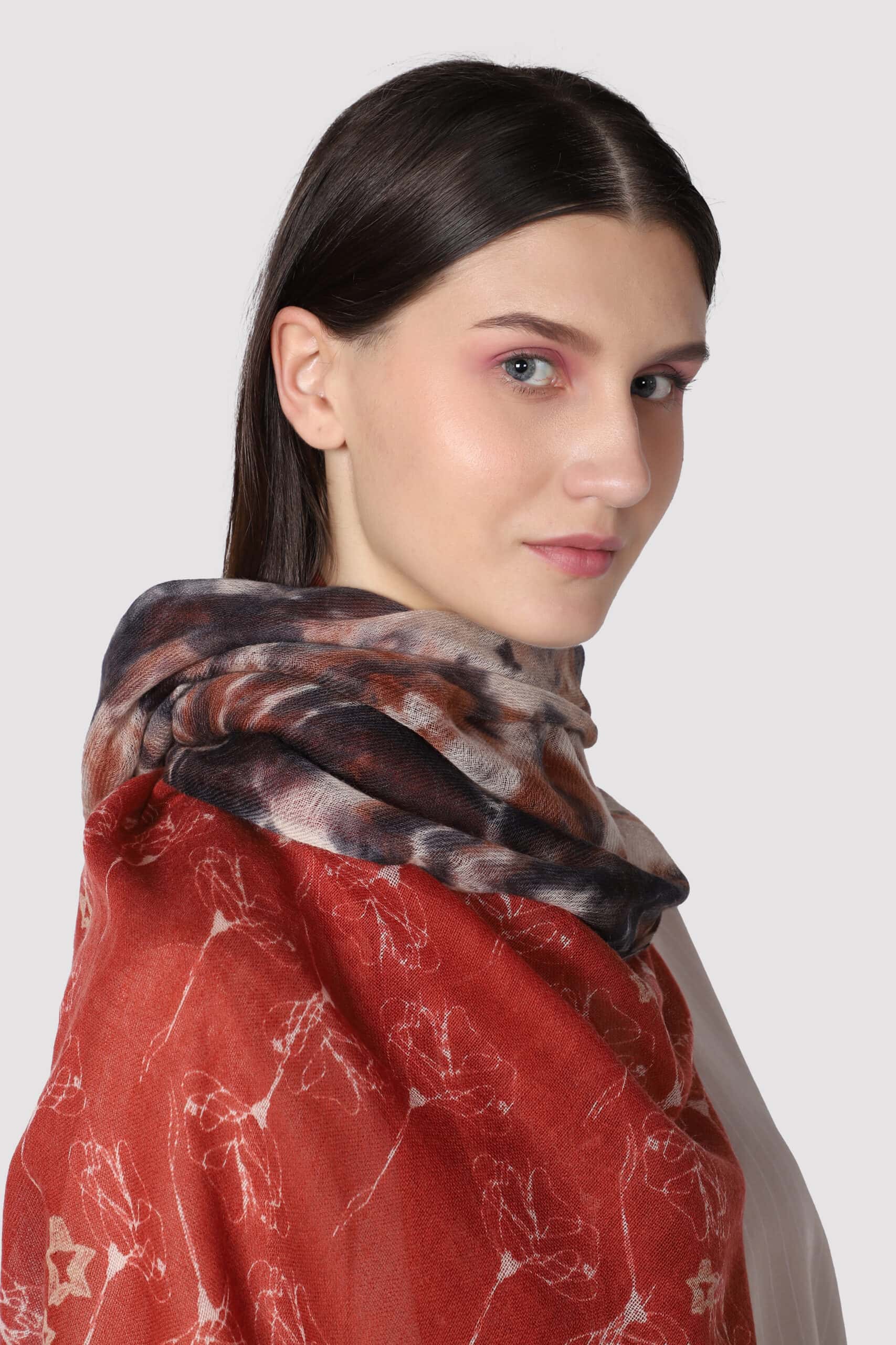 A model wearing Multi printed paneling scarf - Me & K