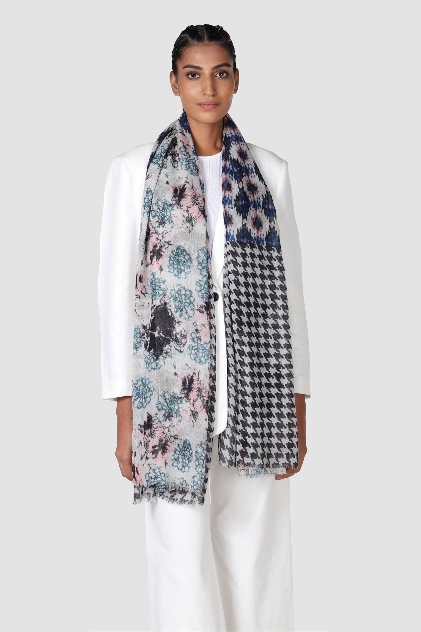 Full shot of a woman wearing multi printed cashmere scarf - Me & K