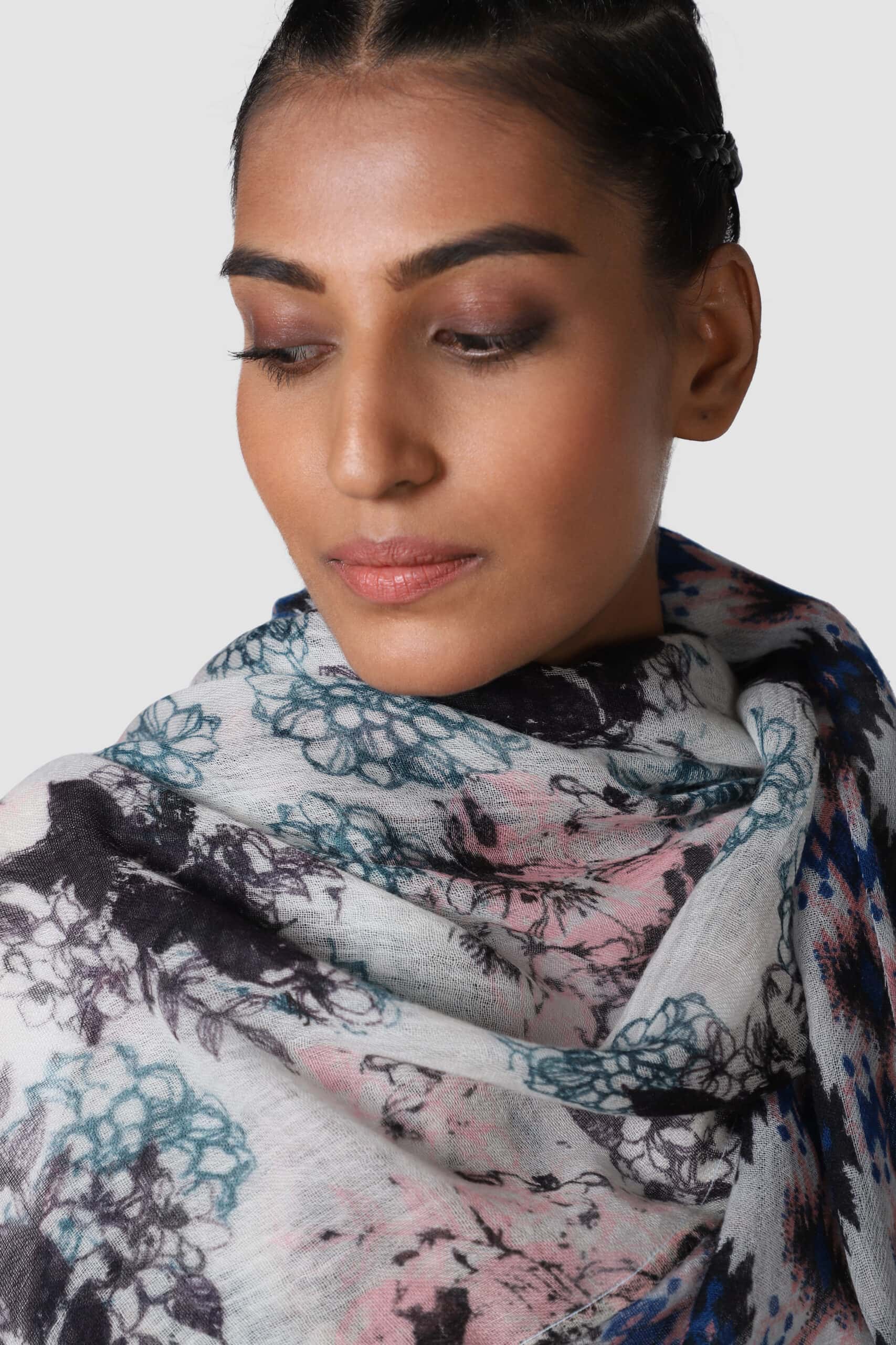 Close-up shot of a model wearing handcrafted printed scarf - Me & K