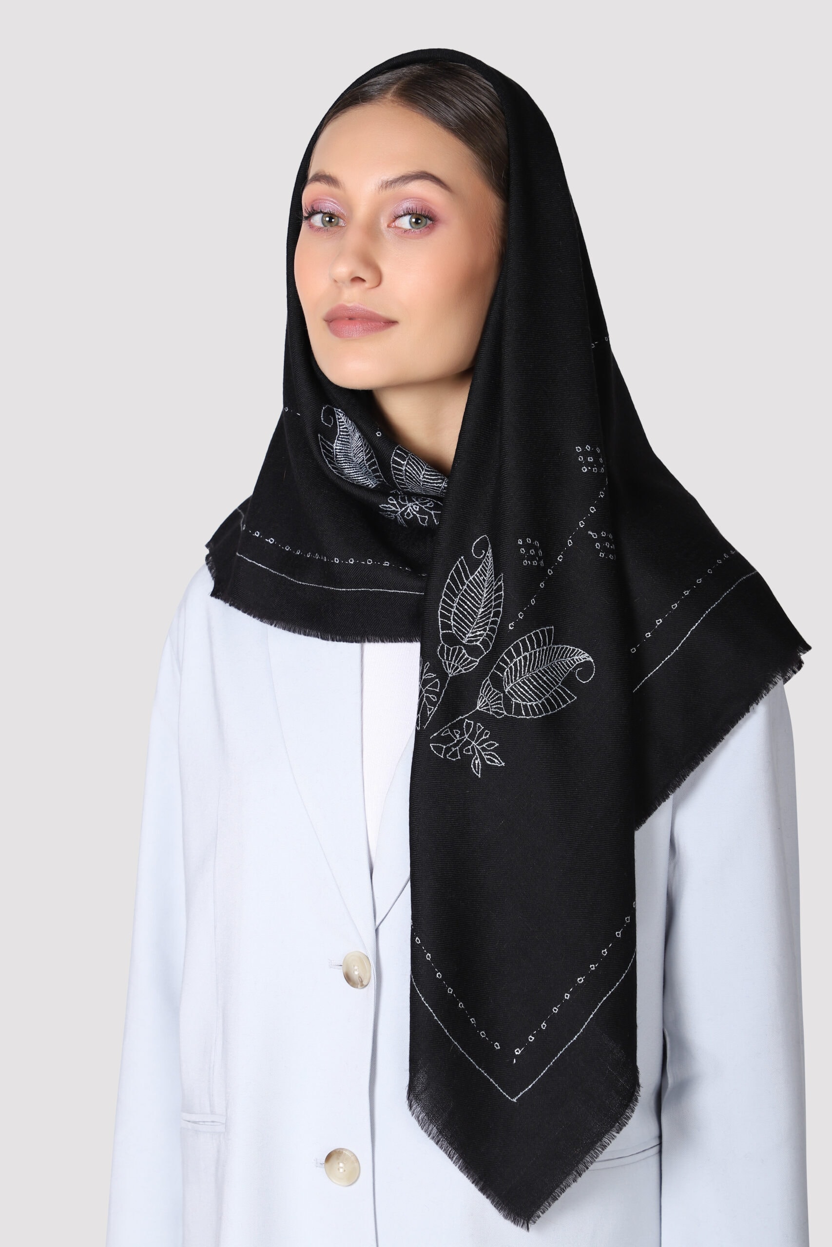 Woman drapes black paisley cashmere square scarf on her head - Me & K