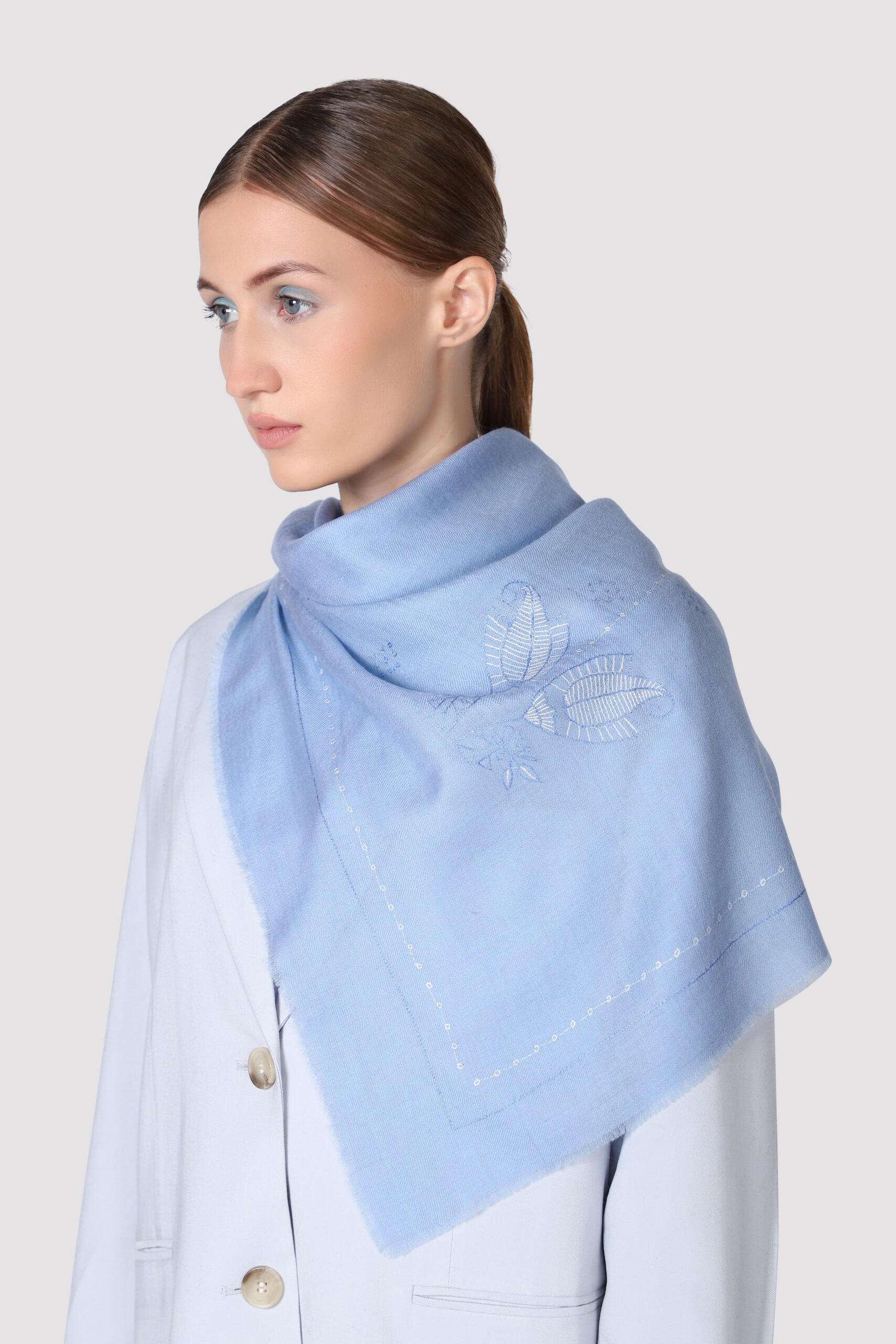 Female model wearing blue coloured paisley square scarf - Me & K