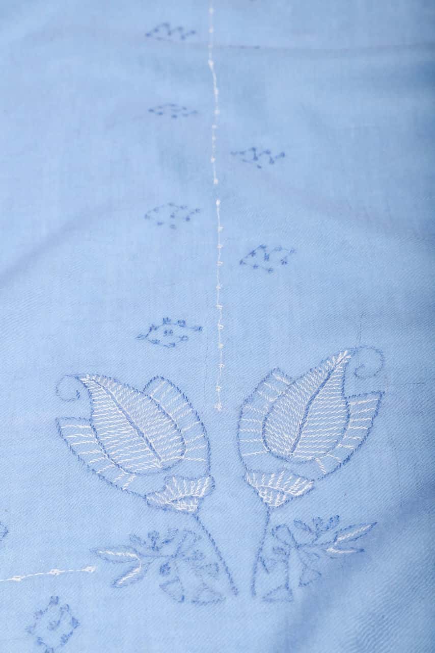 Two flower design motifs on blue paisley scarf - Me & K
