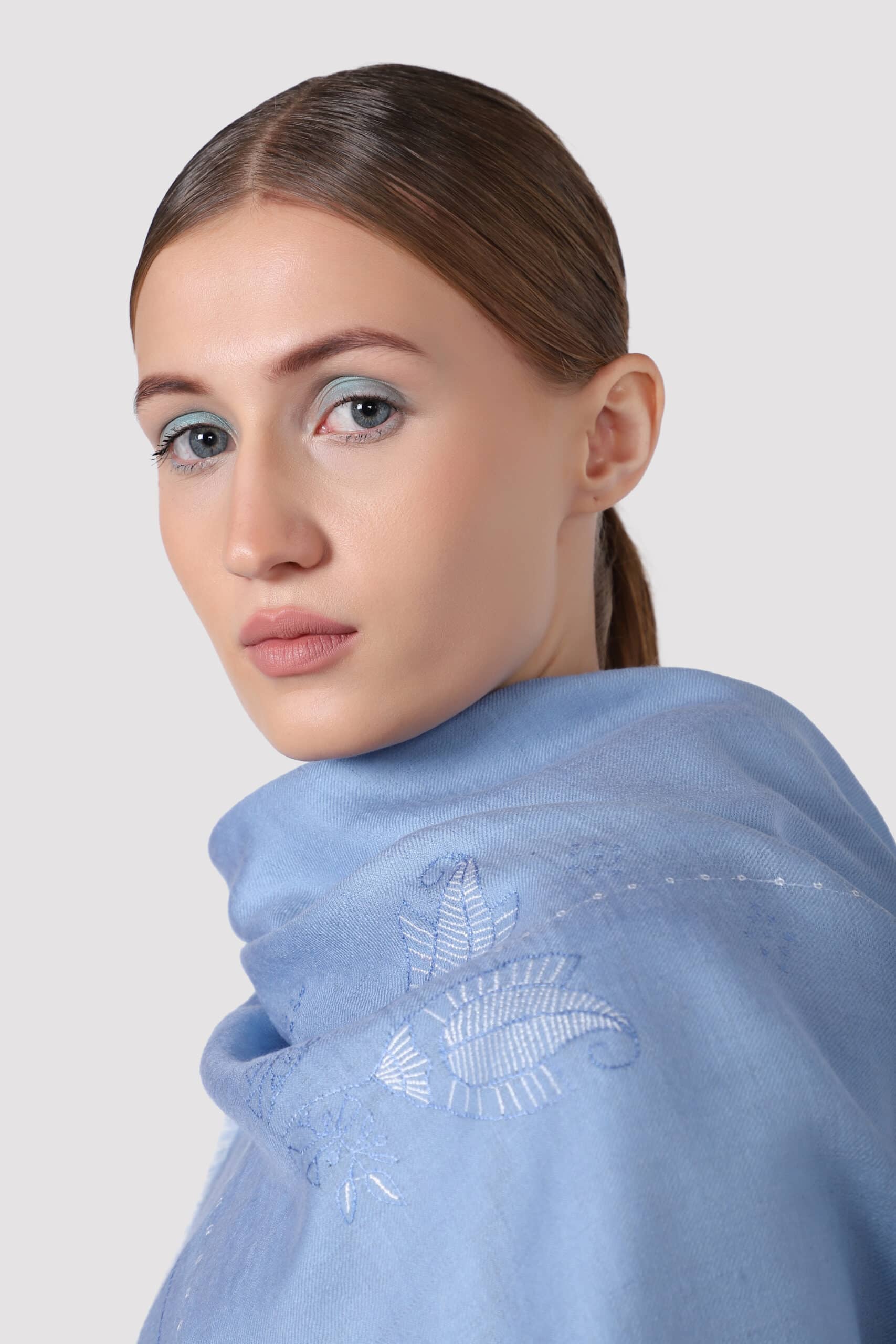 Woman draped in blue paisley cashmere square scarf - Me & K