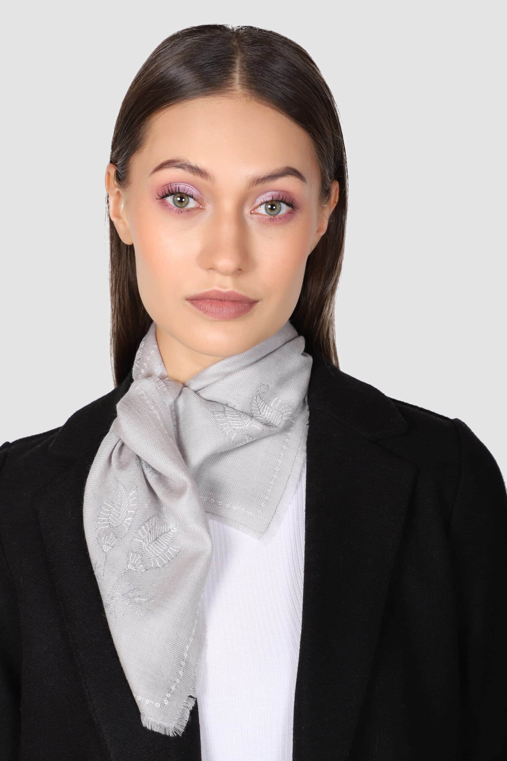 Woman in black wearing grey colored cashmere neckerchief - Me and K