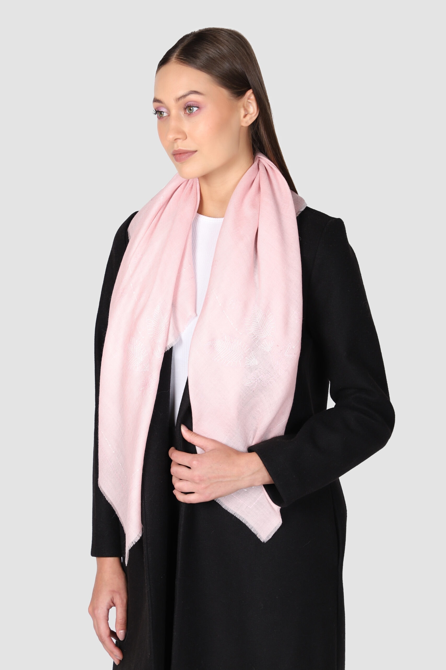Model wearing pink colored cashmere paisley square scarf - Me & K