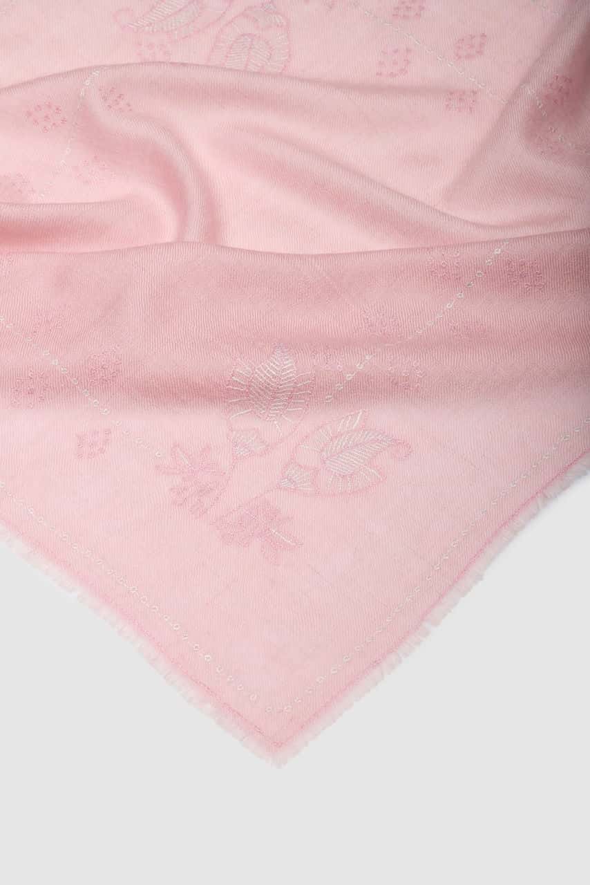 Close-up shot of floral on pink cashmere neckerchief - Me and K