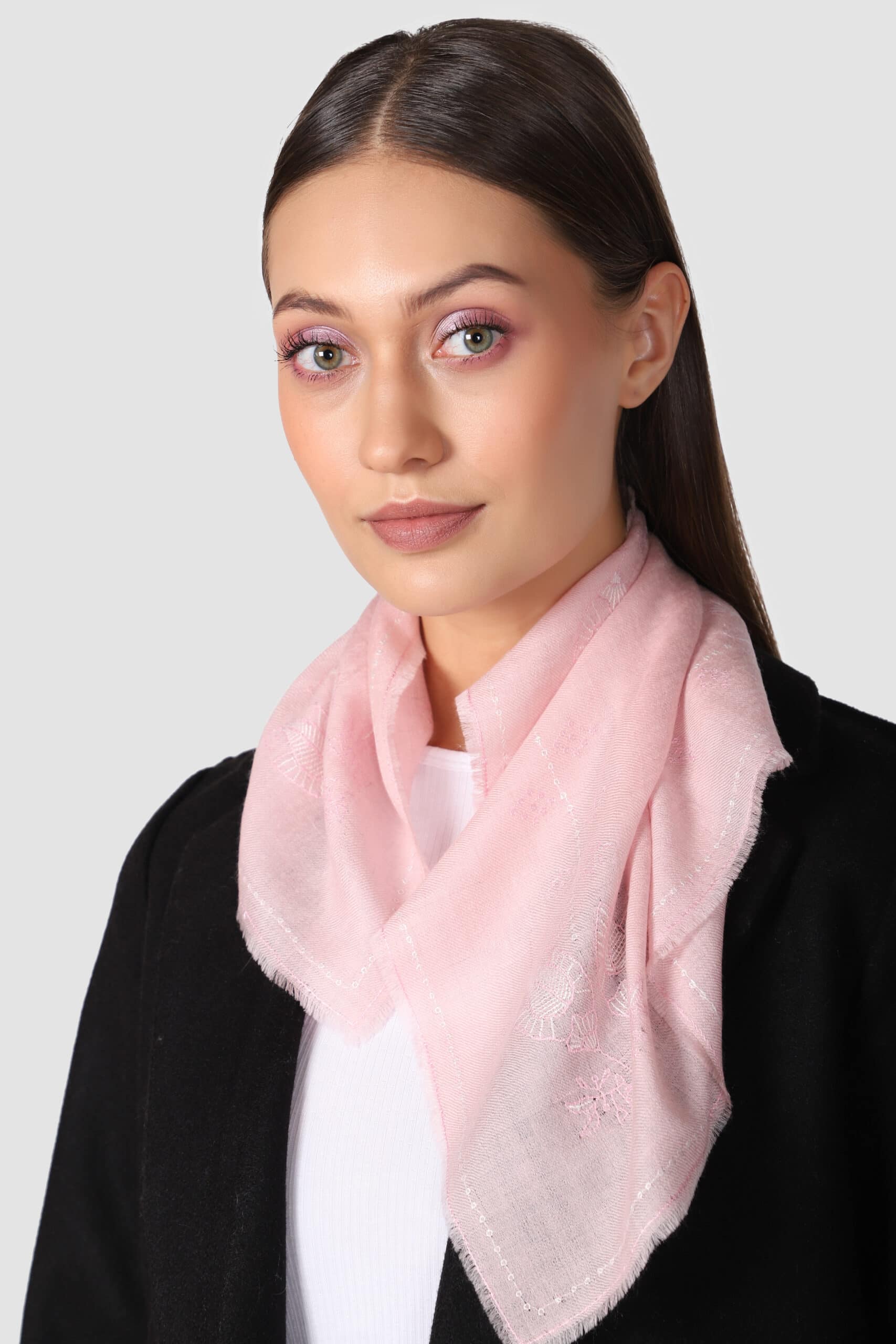 Woman in black wearing pink colored cashmere neckerchief - MeandK