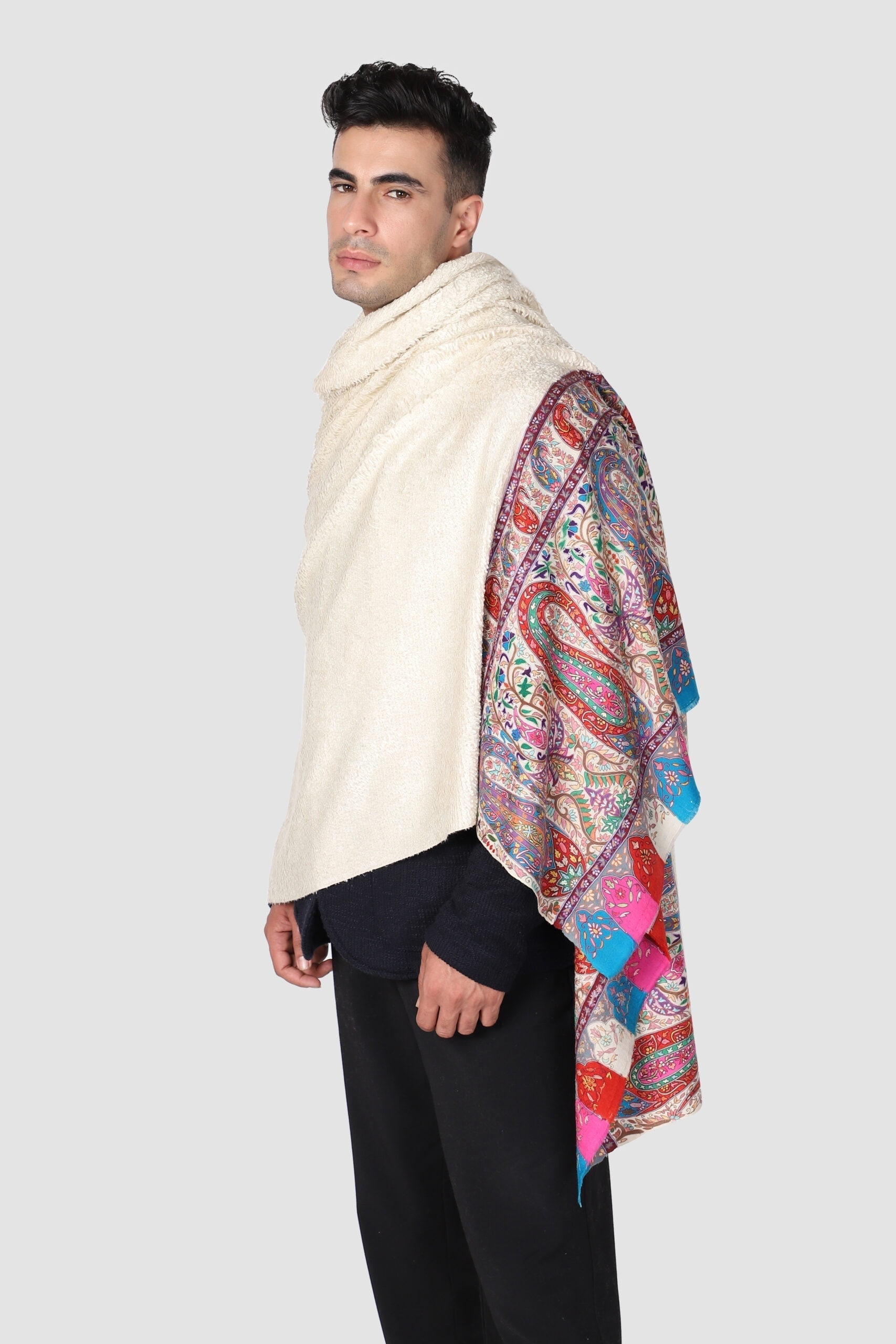Man draped in ivory shaded shalimar shawl - Me and K