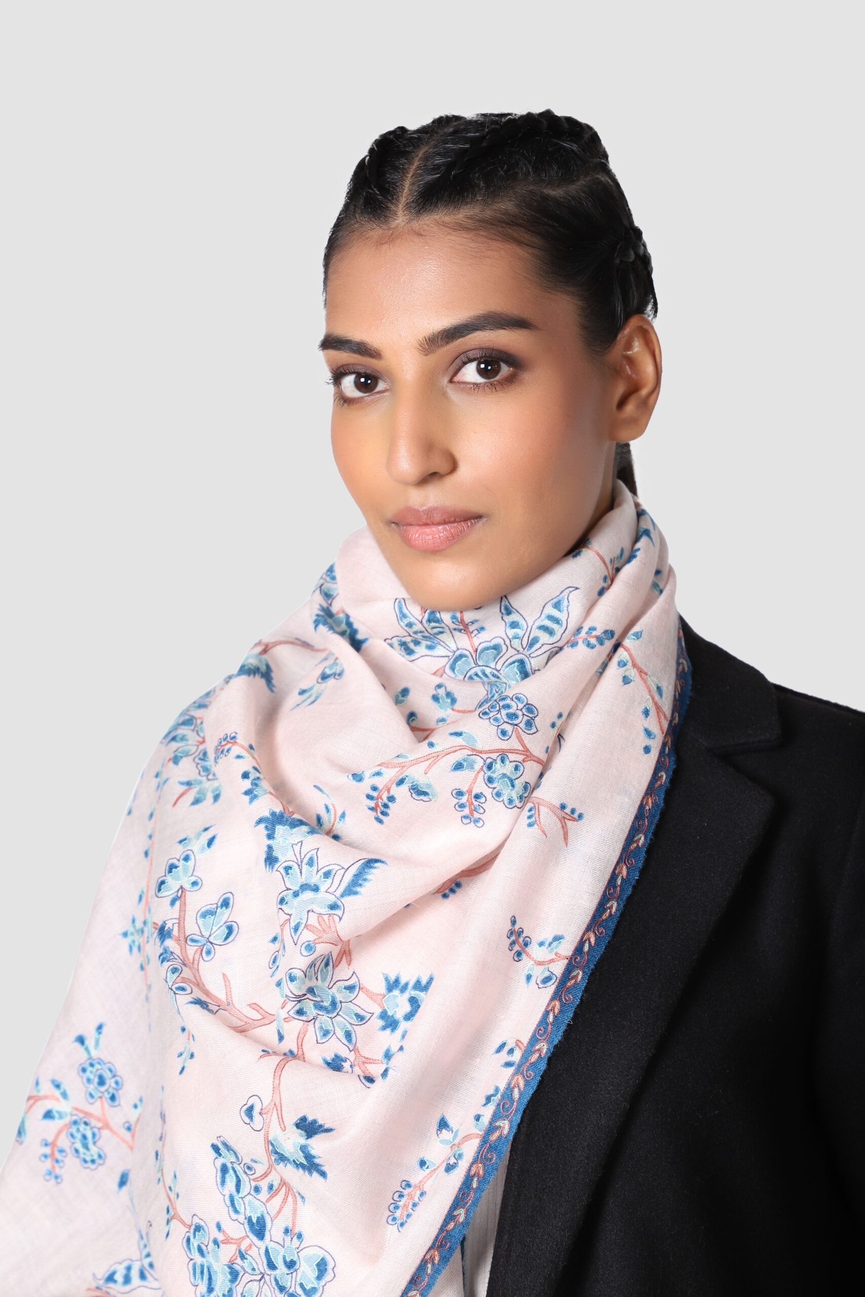 Close-Up shot of woman wearing pink & blue jannat shawl - Me & K