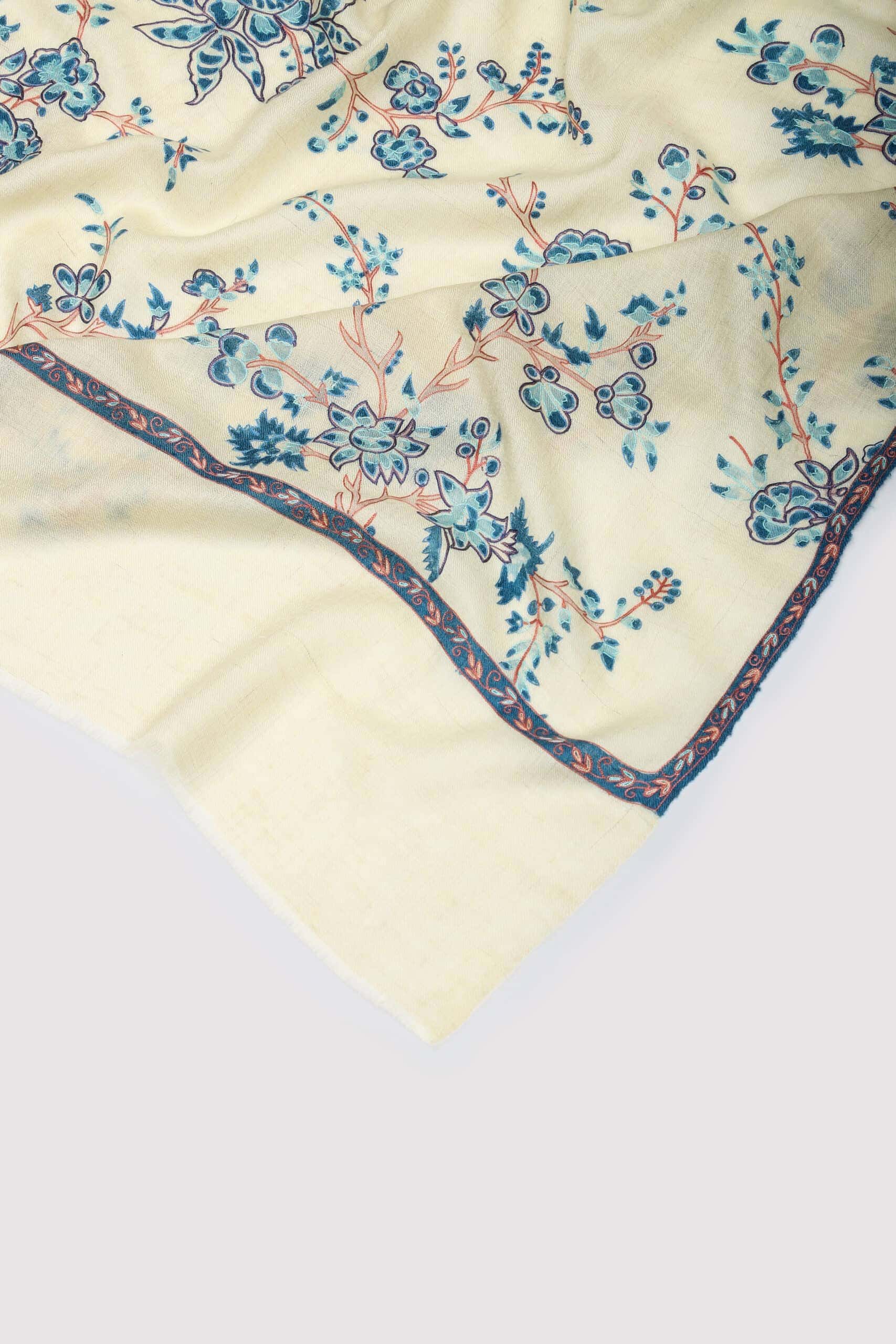 Blue & yellow shaded jannat cashmere shawl on a white background- Me & K