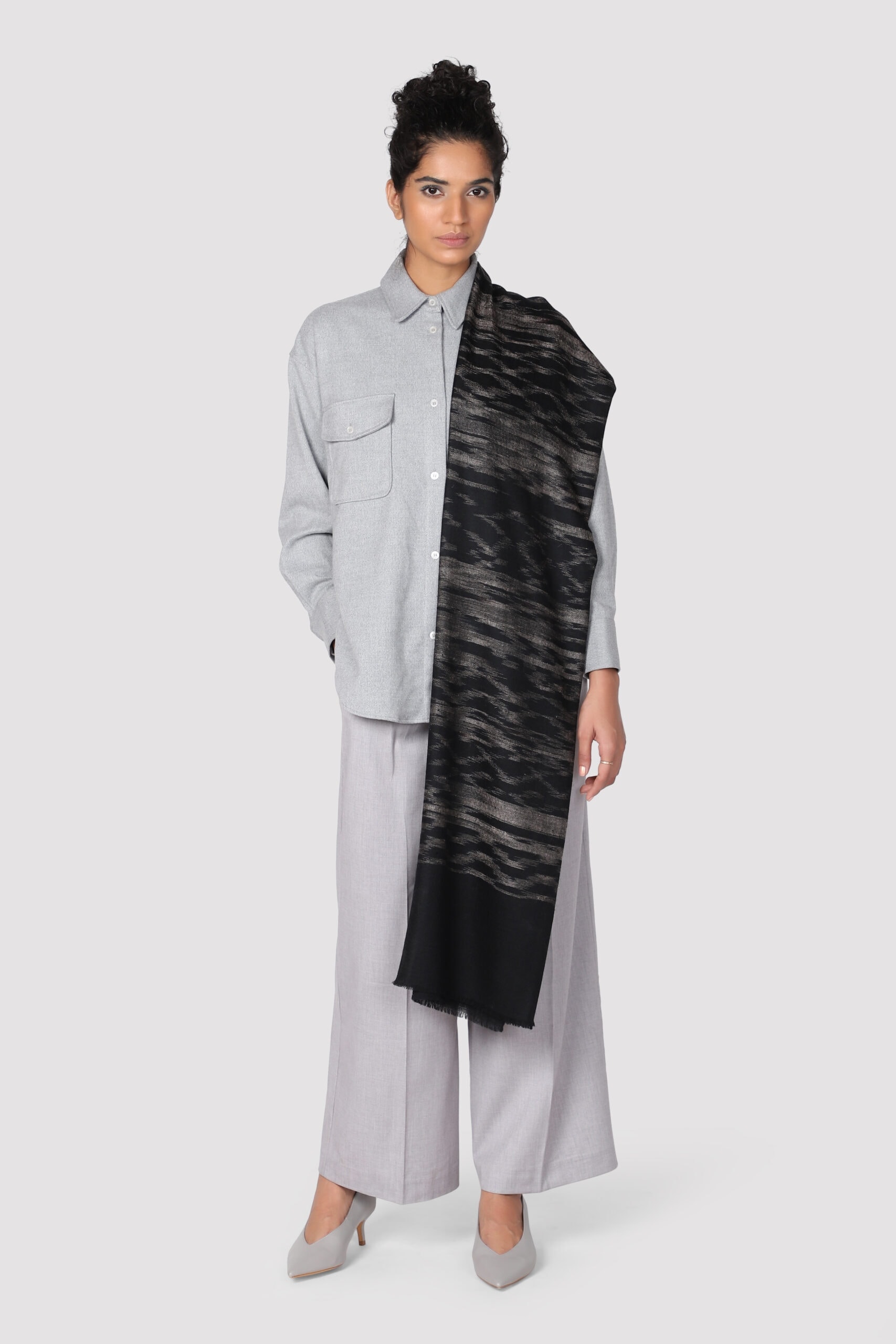 Woman in black and grey shaded ikat shawl - Me and K