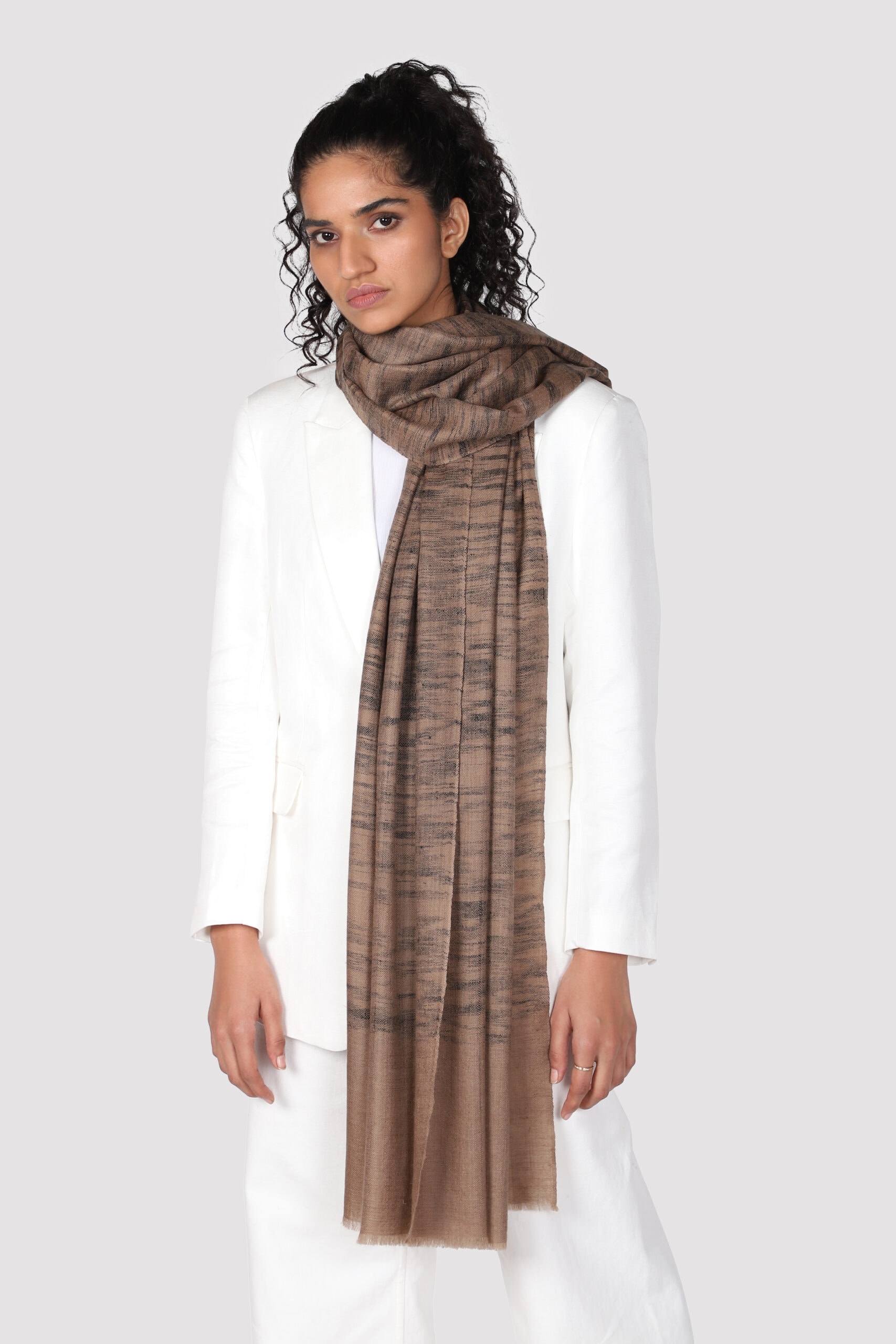 Woman in brown and black shaded ikat shawl - Me and K