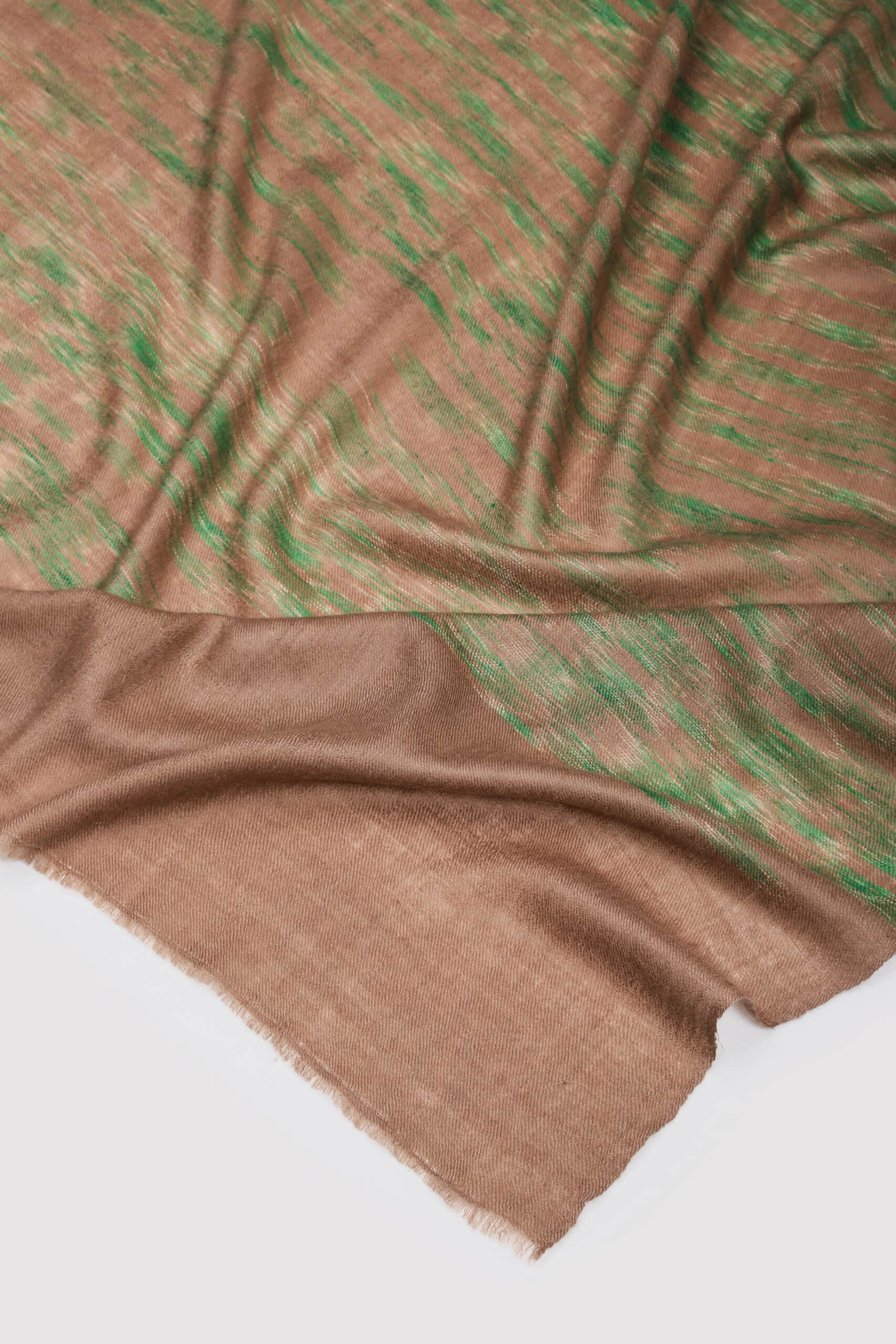 Natural brown & green colored Ikat shawl on a white background- Me & K