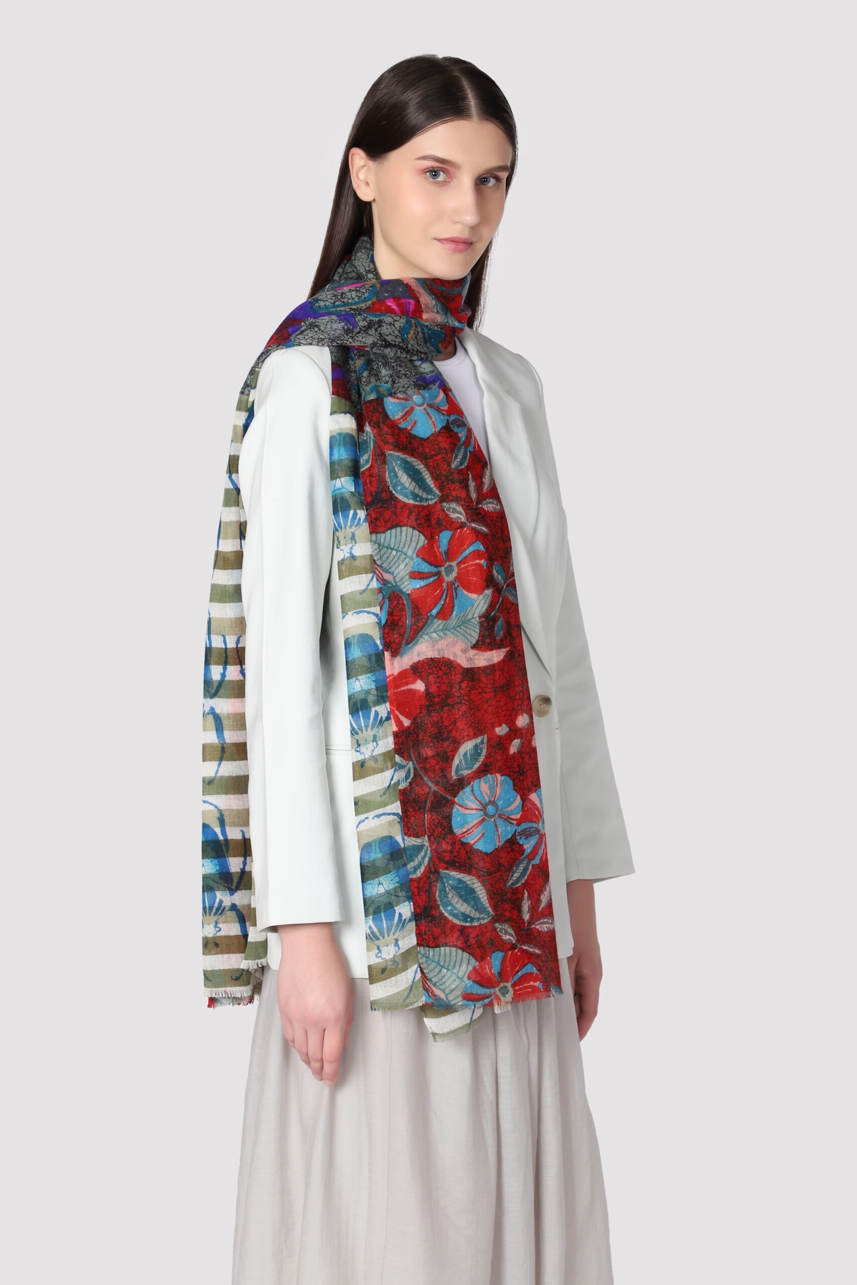 Side shot of a woman in printed cashmere scarf - Me & K